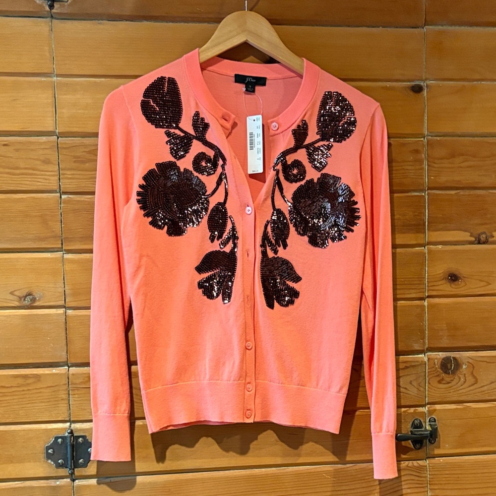 J. Crew Coral Cardigan with Sequin Floral Design, size Small